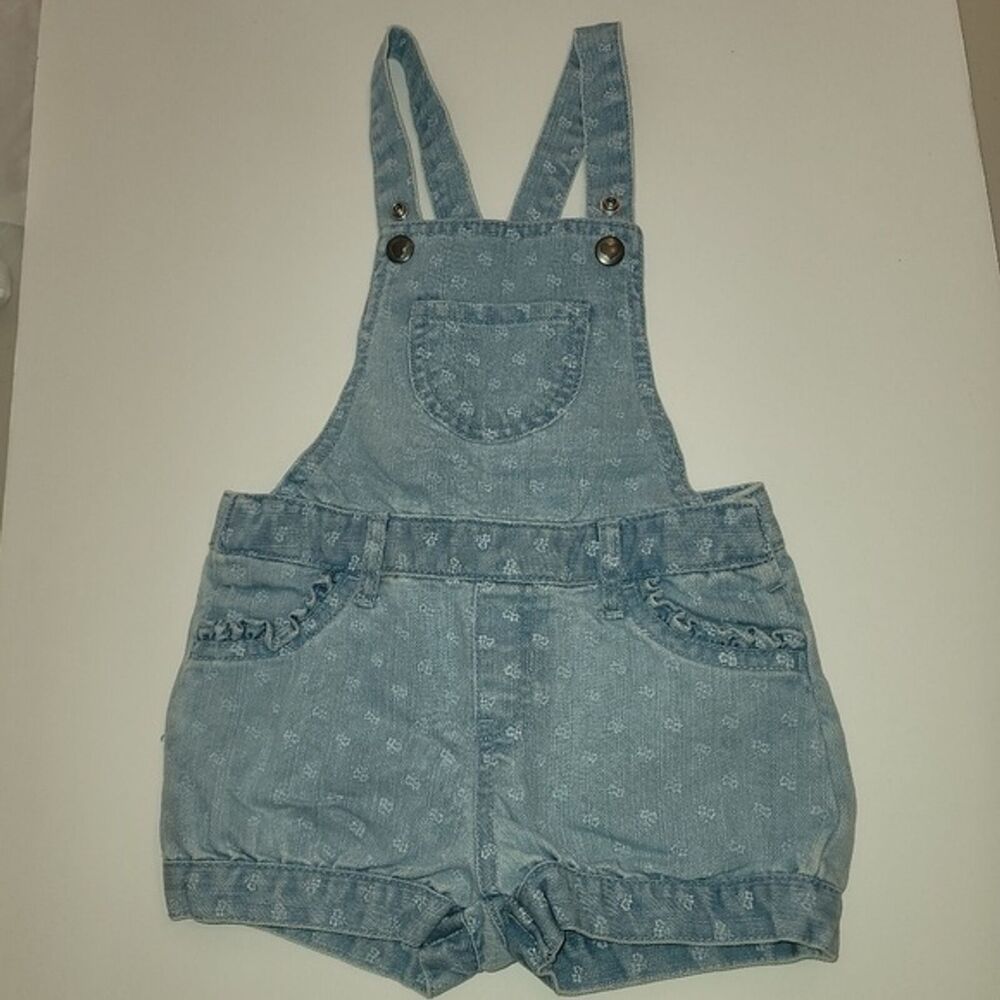 The Children's Place Little Girl Sz 2T Short Overalls Light Wash Floral Ruffles